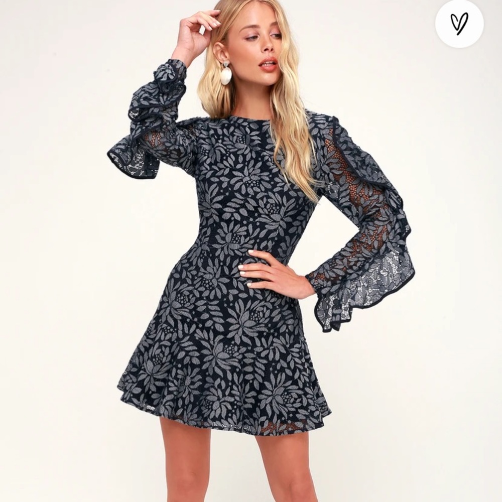 Engage Navy Blue Lace Long Sleeve Dress - Keepsake